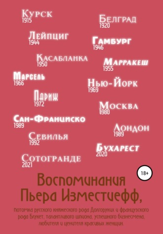 Обложка книги «Воспоминания Пьера Изместиефф, потомка русского княжеского рода Долгоруких и французского рода Блукет, талантливого шпиона, успешного бизнесмена, любителя и ценителя красивых женщин»