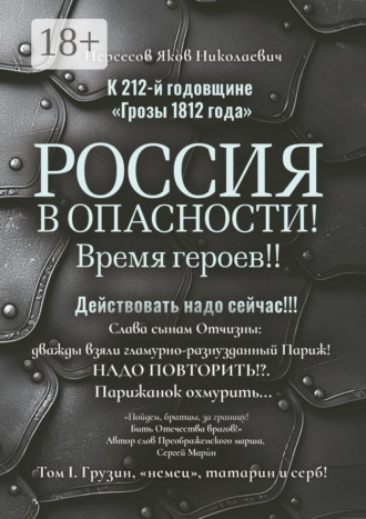 Обложка книги «К 212-й годовщине «Грозы 1812 года». Россия в Опасности! Время героев!! Действовать надо сейчас!!! Том I. Грузин, «немец», татарин и серб!»