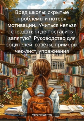 Обложка книги «Вред школы: скрытые проблемы и потеря мотивации. Учиться нельзя страдать – где поставить запятую? Руководство для родителей: советы, примеры, чек-лист, упражнения»