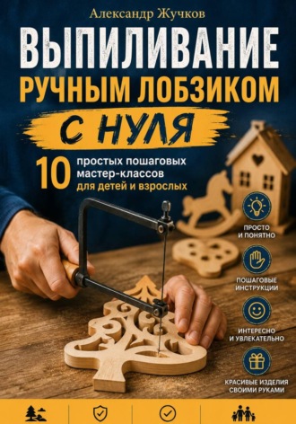 Обложка книги «Выпиливание ручным лобзиком с нуля. 10 простых пошаговых мастер-классов для детей и взрослых»
