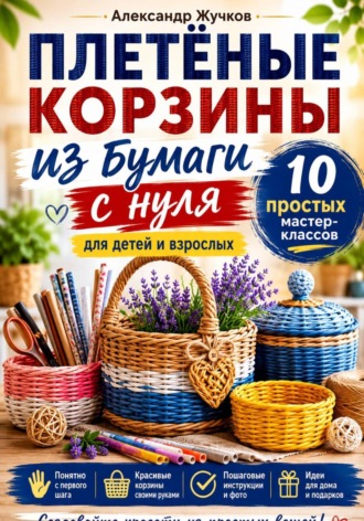Обложка книги «Плетёные корзины из бумаги с нуля. 10 простых мастер-классов для детей и взрослых»