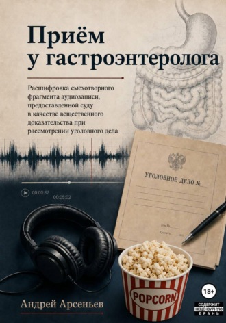 Обложка книги «Приём у гастроэнтеролога. Расшифровка смехотворного фрагмента аудиозаписи, предоставленной суду в качестве вещественного доказательства при рассмотрении уголовного дела»