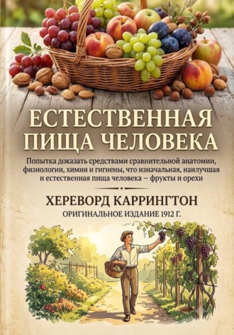 Обложка книги «Естественная пищи человека Попытка доказать средствами сравнительной анатомии, физиологии, химии и гигиены, что изначальная, наилучшая и естественная пища человека — фрукты и орехи»
