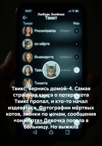 Обложка книги «Твикс, вернись домой-4. Самая страшная книга о потере кота Твикс пропал, и кто-то начал издеваться. Фотографии мёртвых котов, звонки по ночам, сообщения «он мёртв» Девочка попала в больницу. Но выжила»