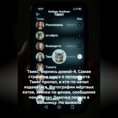 Аудиокнига «Твикс, вернись домой-4. Самая страшная книга о потере кота Твикс пропал, и кто-то начал издеваться. Фотографии мёртвых котов, звонки по ночам, сообщения «он мёртв» Девочка попала в больницу. Но выжила», Любовь Знойная