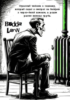 Странный человек в пиджаке, который сидит и смотрит на батарею в черно-белой комнате, а рядом растет зеленая труба.