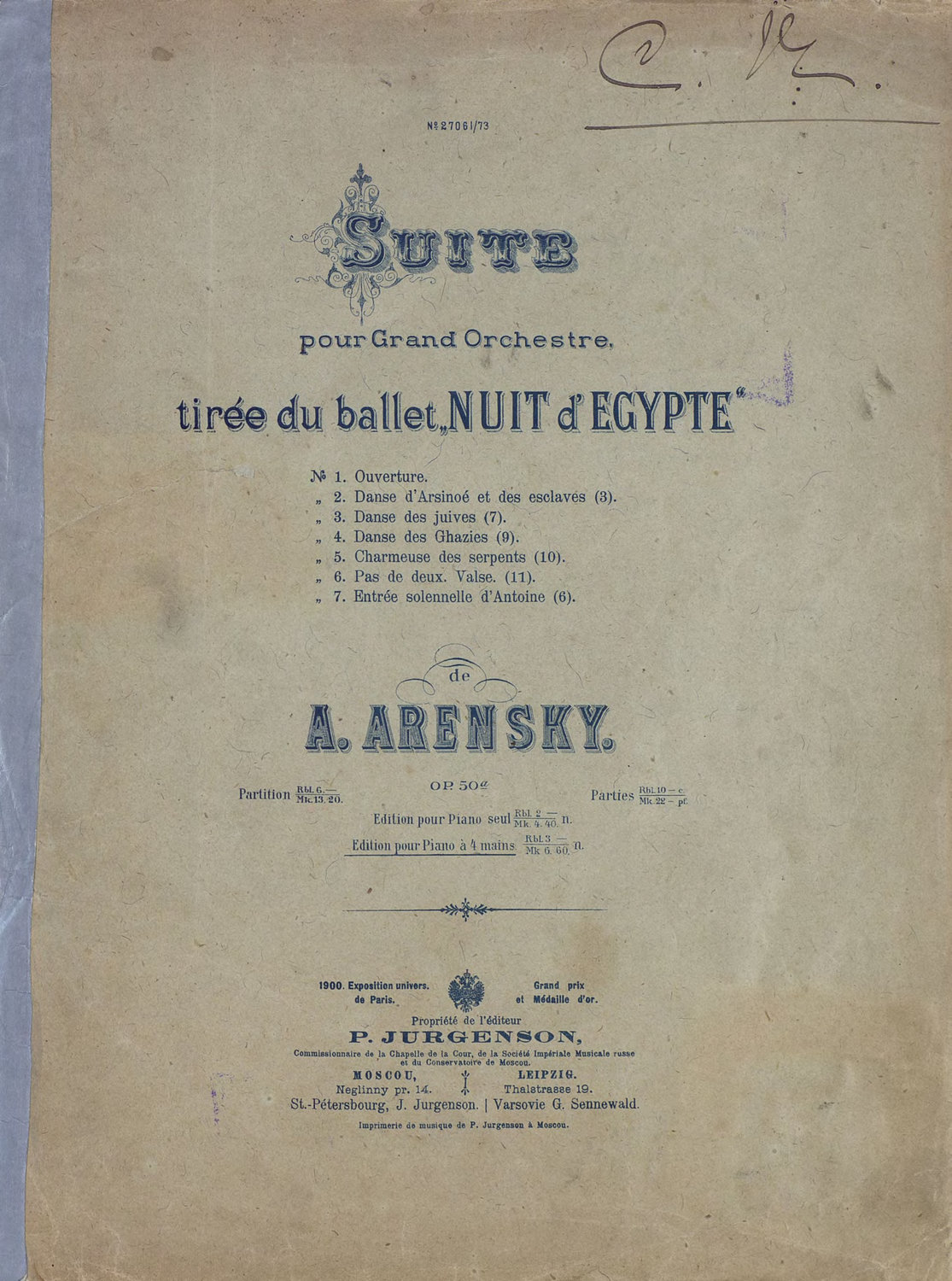 Обложка книги «Suite pour grand Orchester tiree du ballet "Nuit d'Egypte" de A. Arensky»