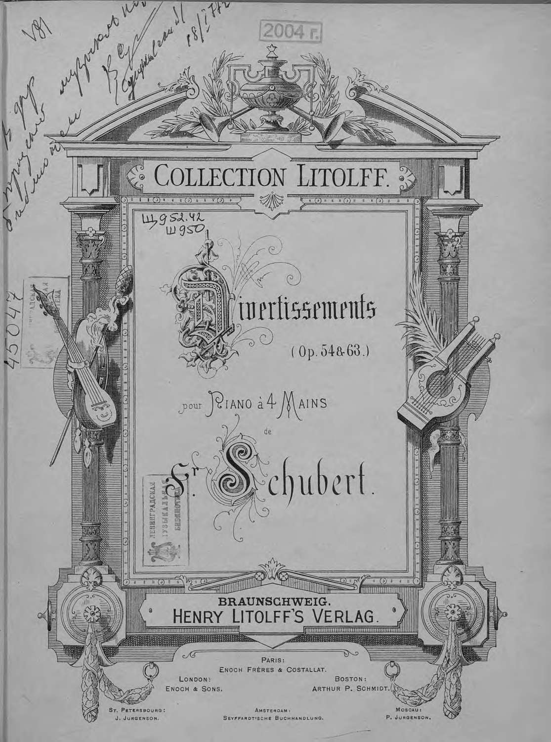 Обложка книги «Divertissements (Op. 54 & 63) pour piano a 4 ms. de S. Schubert»