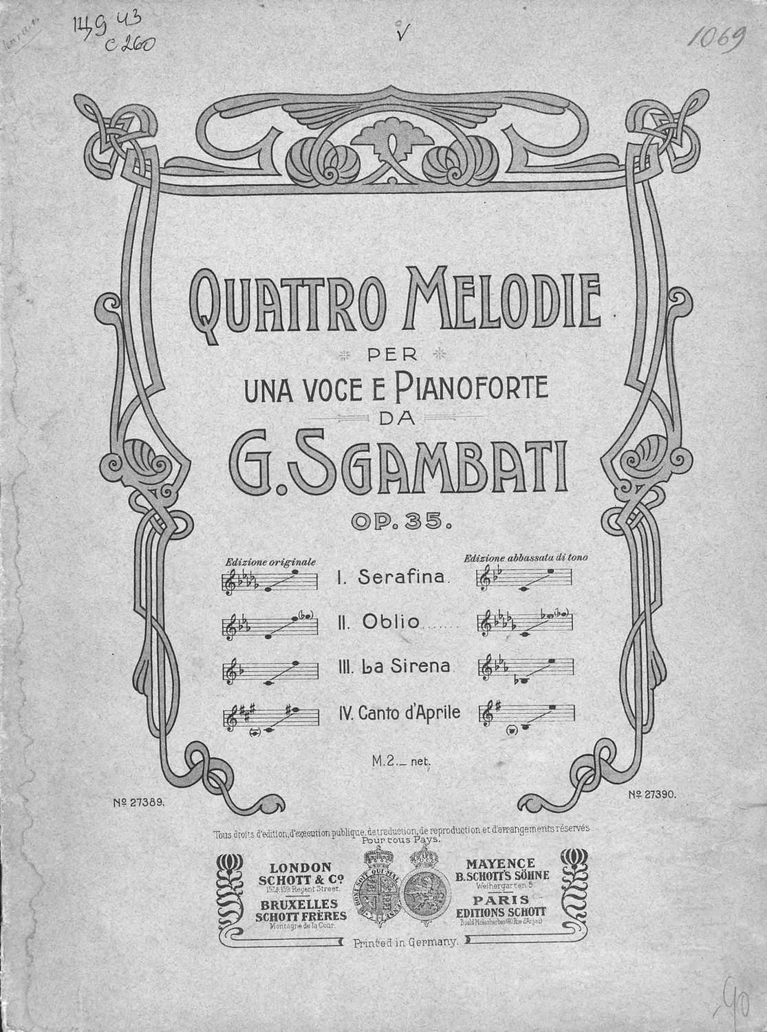 Обложка книги «Quattro Melodie per una voce e Pianoforte da G. Sgambati»