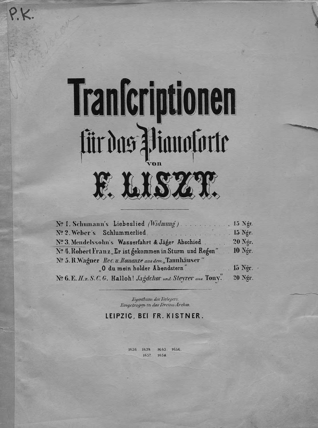 Обложка книги «Mendelssohn's Wasserfahrt & Jager Abschied fur das Pianoforte ubertragen v. F. Liszt»