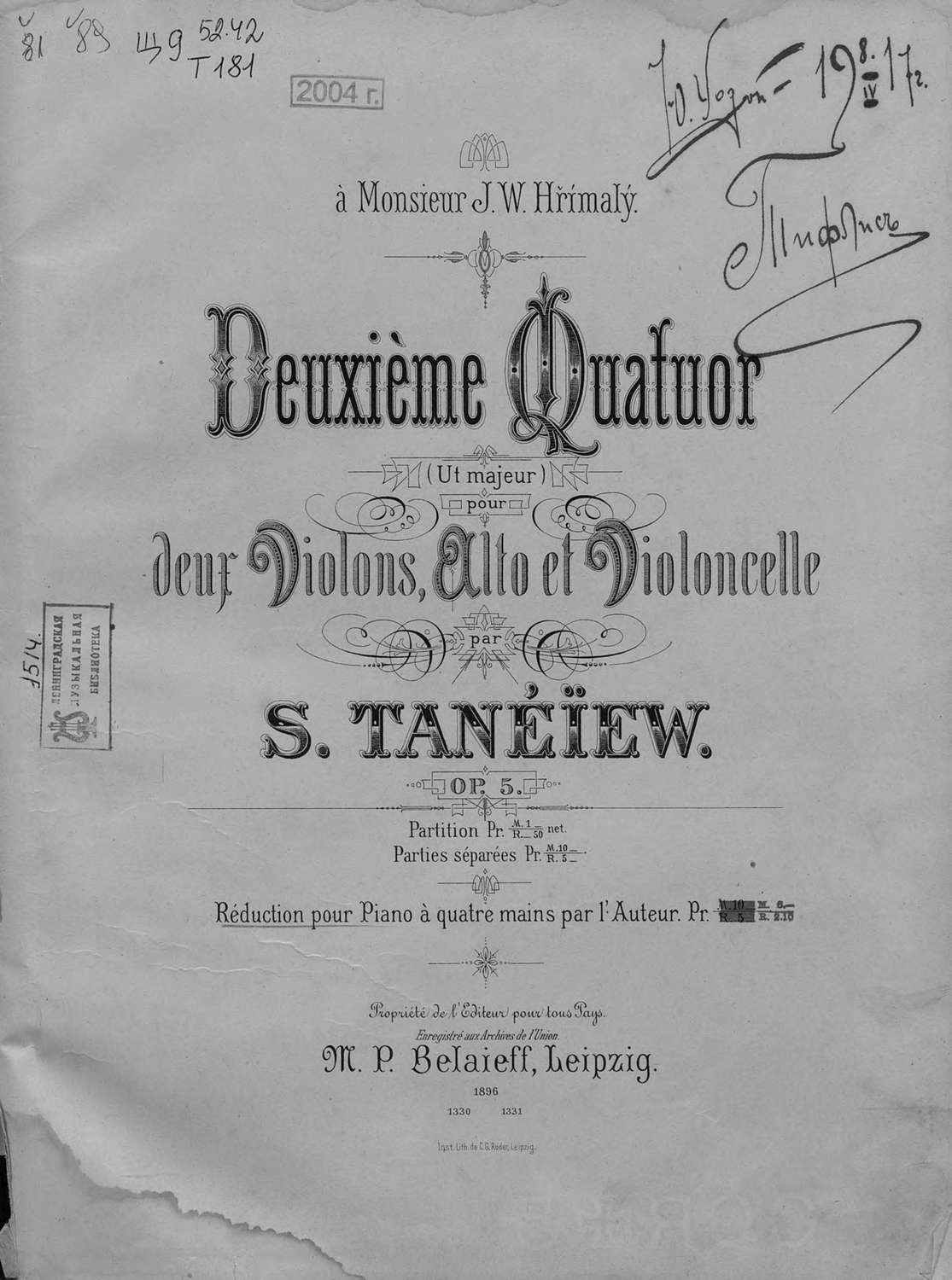 Обложка книги «Deuxieme Quatuor (ut majeur) pour 2-x Violons, Alto et Violoncelle par S. Tanelew»