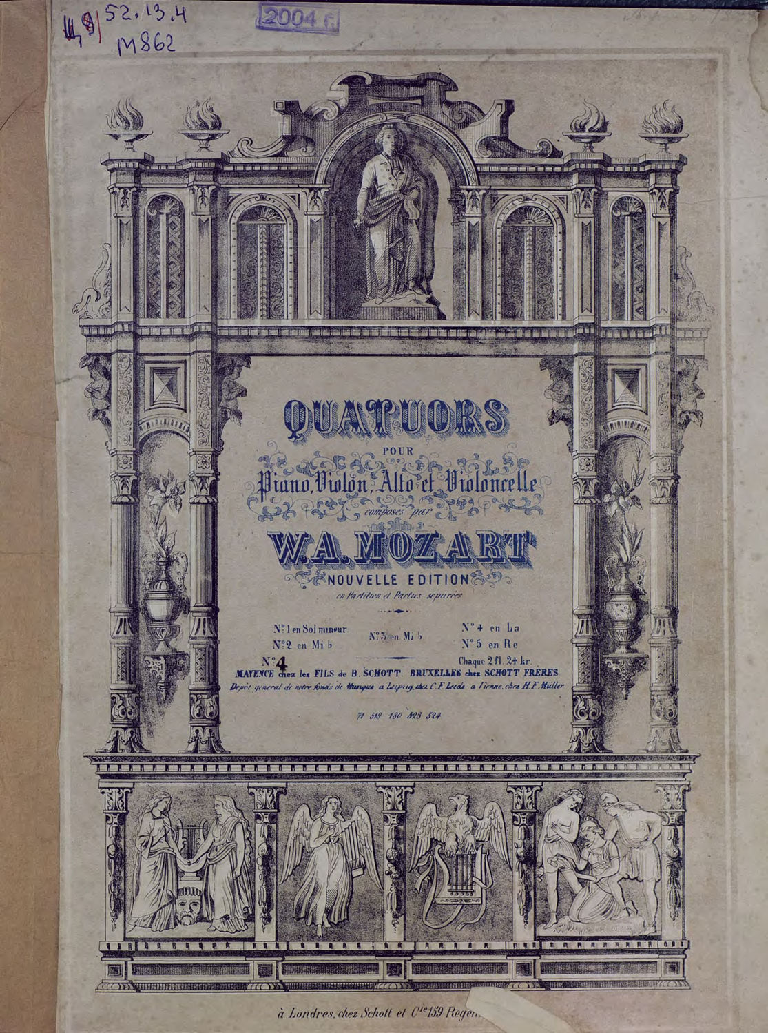 Обложка книги «Quatuor № 4 pour Piano, Violon, Alto et Violoncelle composes par W. A. Mozart»