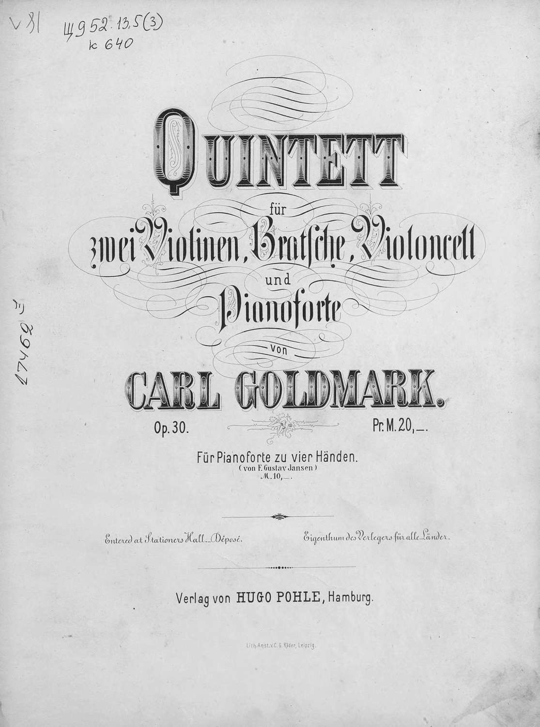 Обложка книги «Quintett fur 2 Violinen, Bratsche, Violoncell und Pianoforte v. Carl Goldmark»