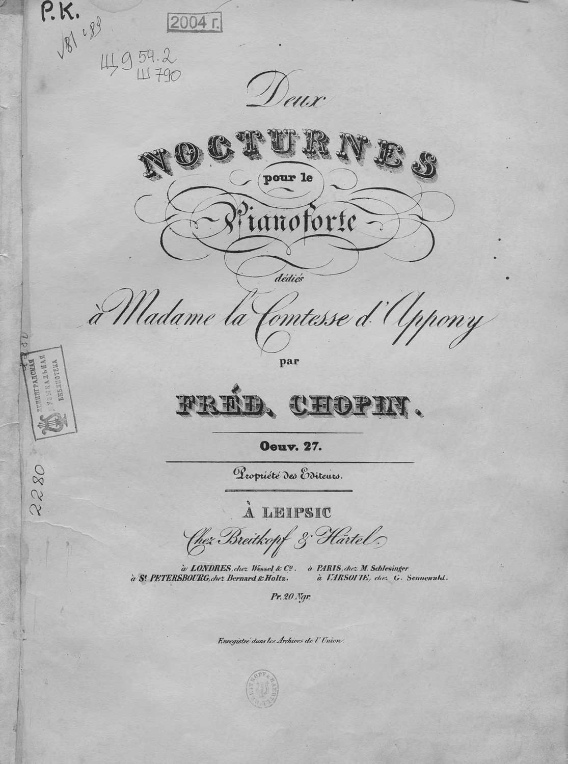 Обложка книги «Deux nocturnes pour le pianoforte par Fred. Chopin»