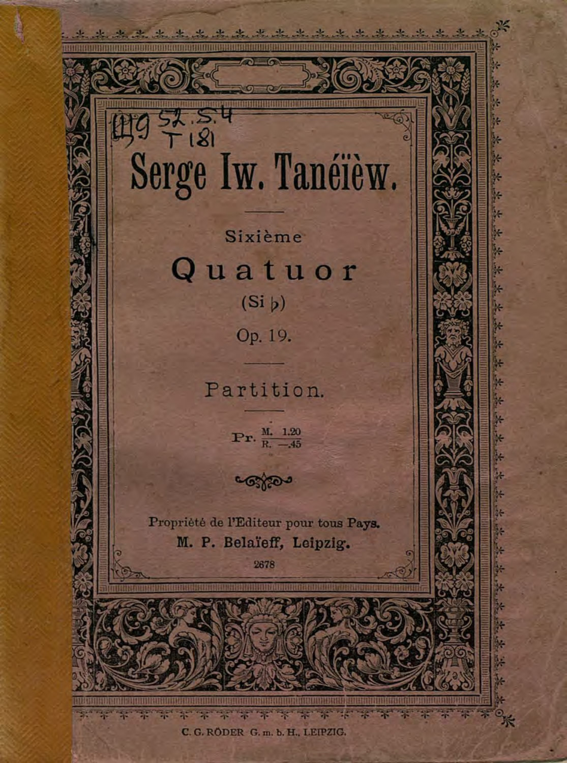 Обложка книги «Sixieme Quatuor (Sib.) pour 2 Violons, Alto et Violoncelle par S. Taneiew»