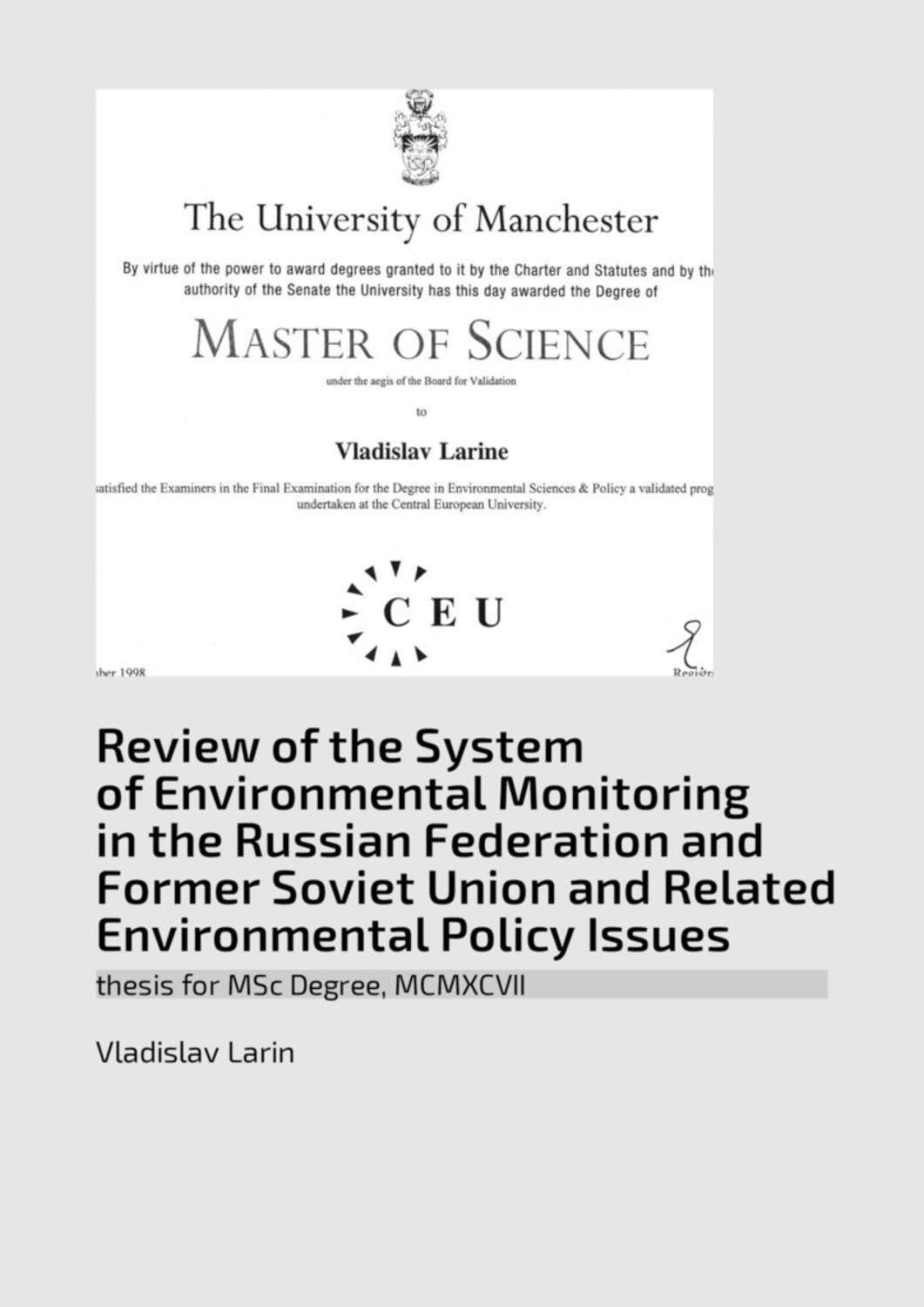 Обложка книги «Review of the System of Environmental Monitoring in the Russian Federation and Former Soviet Union and Related Environmental Policy Issues. Thesis for MSc Degree, MCMXCVII»