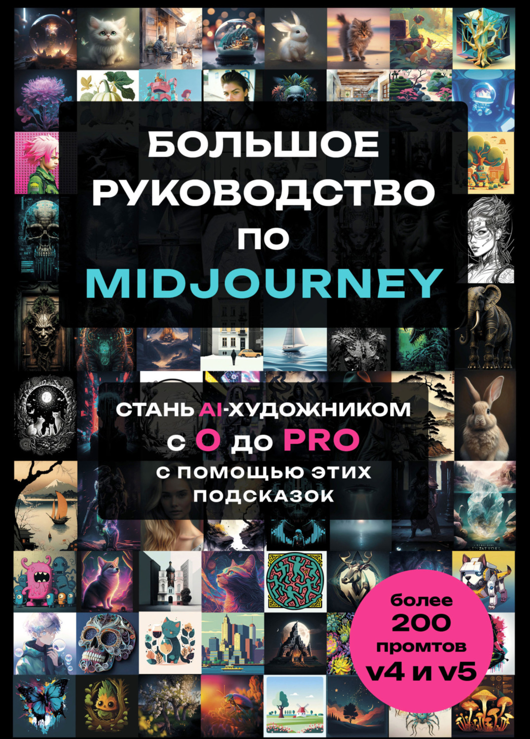 Обложка книги «Большое практическое руководство по Midjourney. Стань AI-художником с 0 до PRO с помощью этих подсказок»