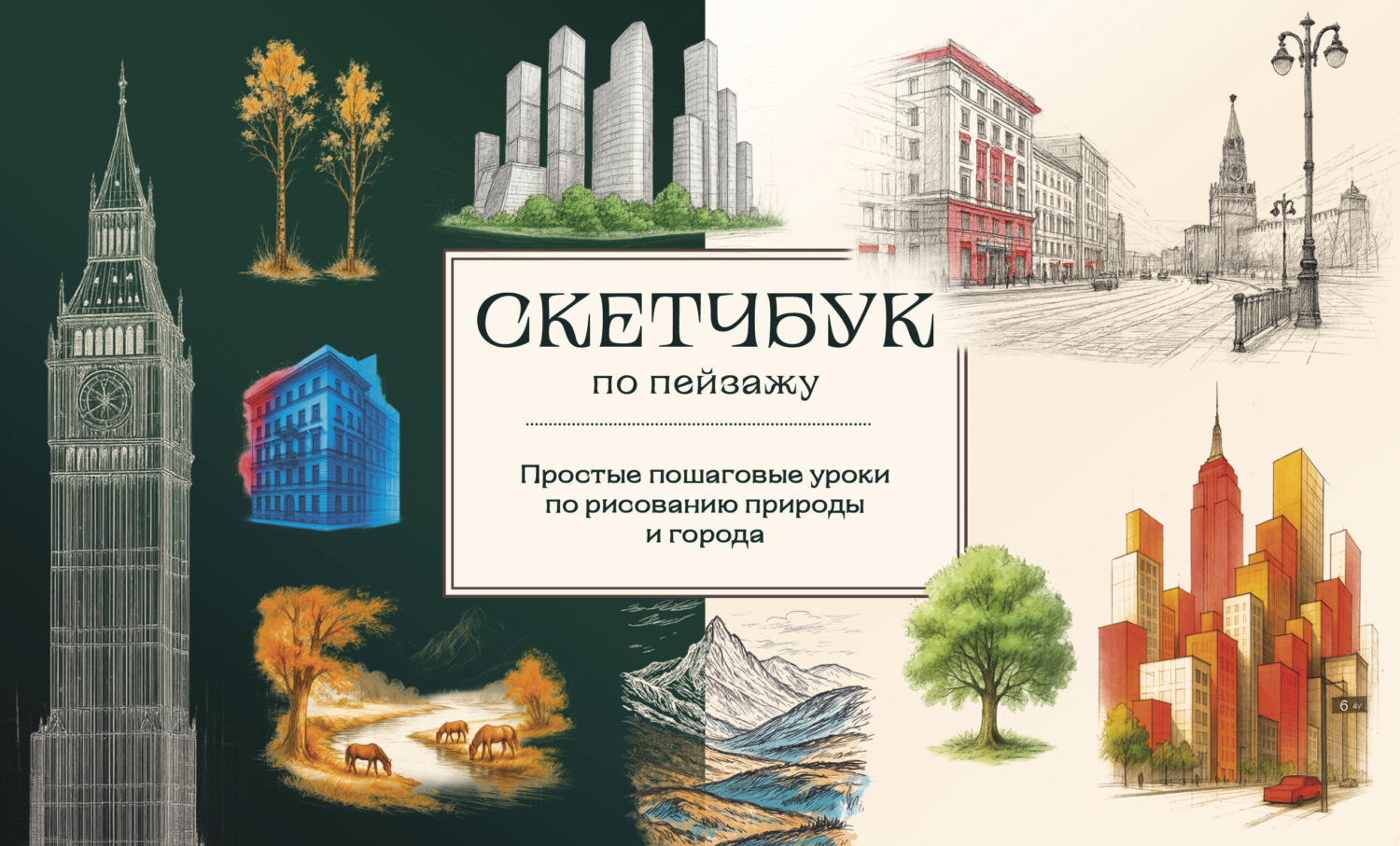 Обложка книги «Скетчбук по пейзажу. Простые пошаговые уроки по рисованию природы и города»