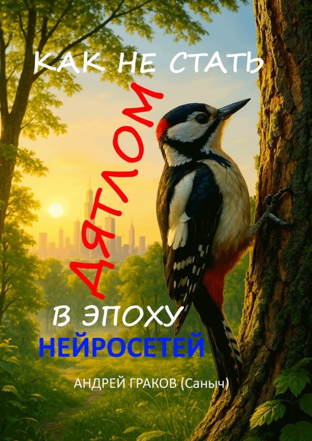 Обложка книги «Как не стать дятлом в эпоху нейросетей. А ты успеешь прыгнуть на подножку уходящего поезда?»