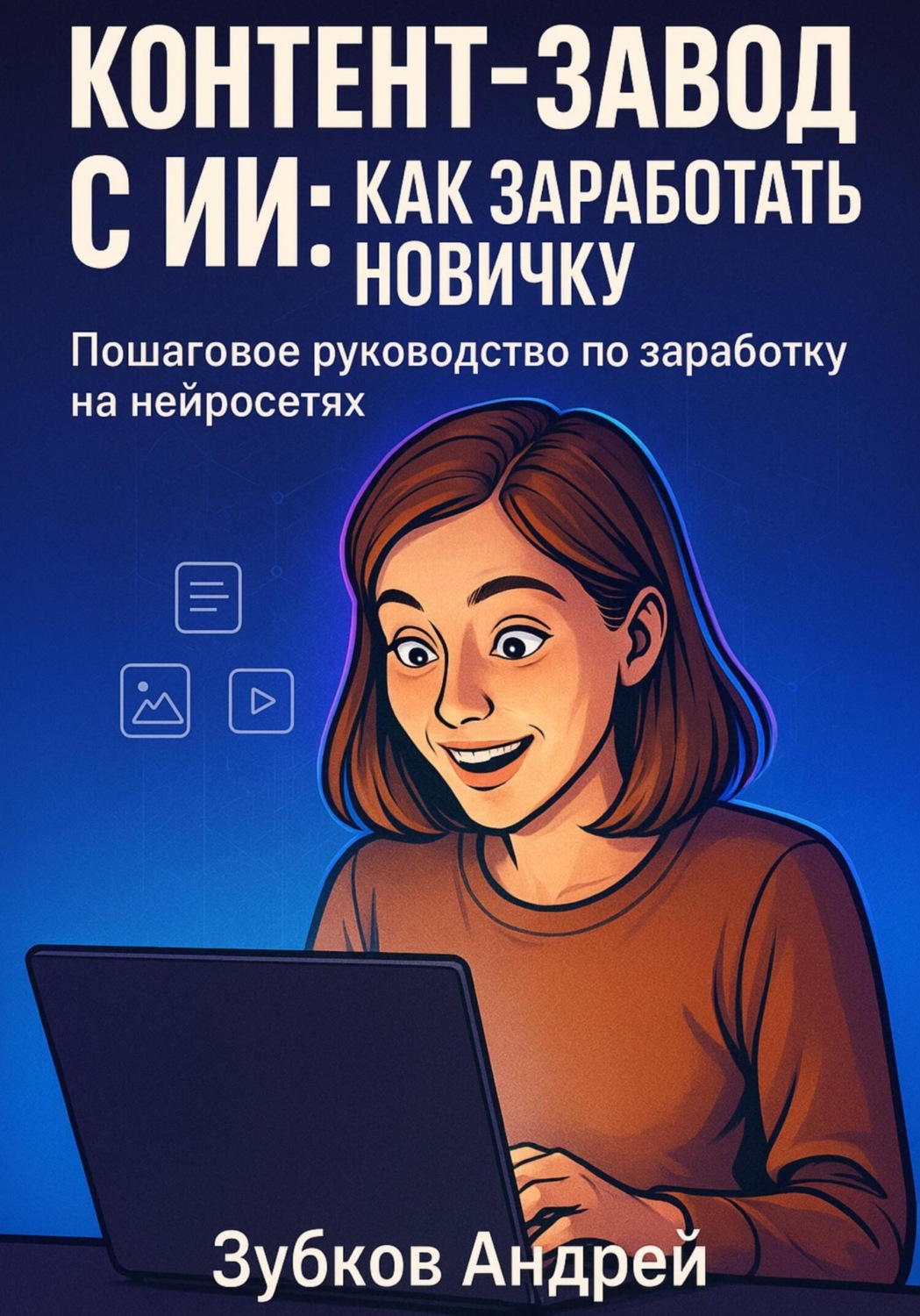 Обложка книги «Контент-завод с ИИ: как заработать новичку. Пошаговое руководство по заработку на нейросетях»