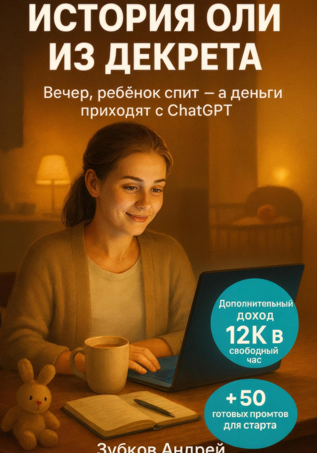 Обложка книги «История Оли из декрета: вечер, ребёнок спит, а деньги приходят с ChatGPT. Дополнительный доход 12К в свободный час. + 50 готовых промтов для старта»