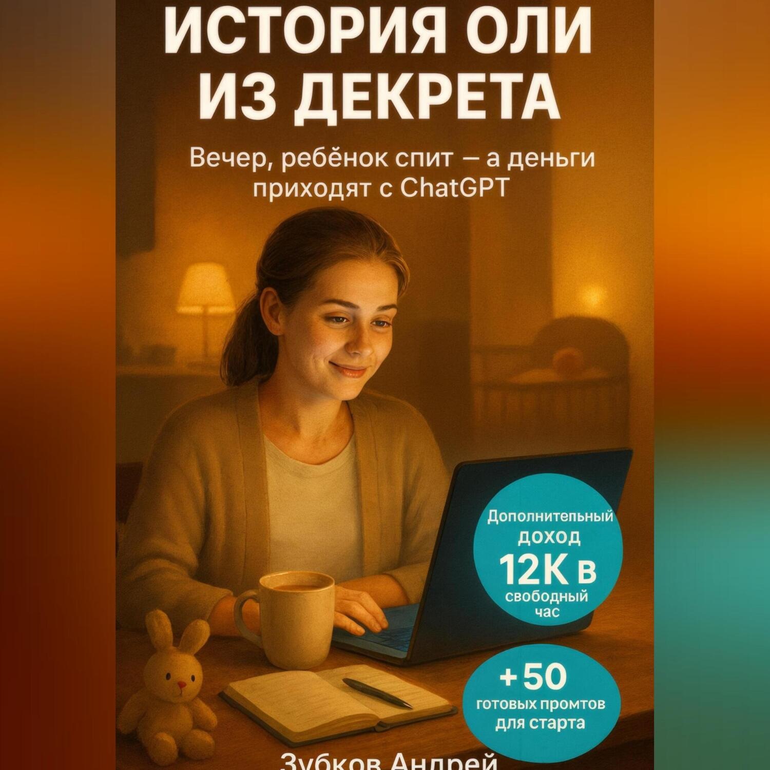 Обложка книги «История Оли из декрета: вечер, ребёнок спит, а деньги приходят с ChatGPT. Дополнительный доход 12К в свободный час. + 50 готовых промтов для старта»
