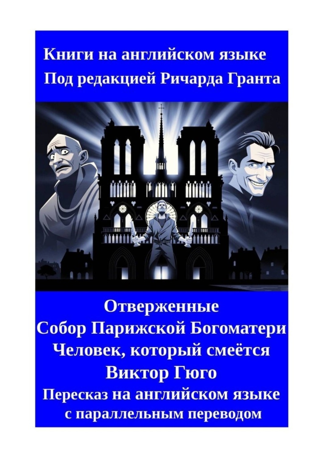 Обложка книги «Отверженные. Собор Парижской Богоматери. Человек, который смеётся. Пересказ на английском языке с параллельным переводом»