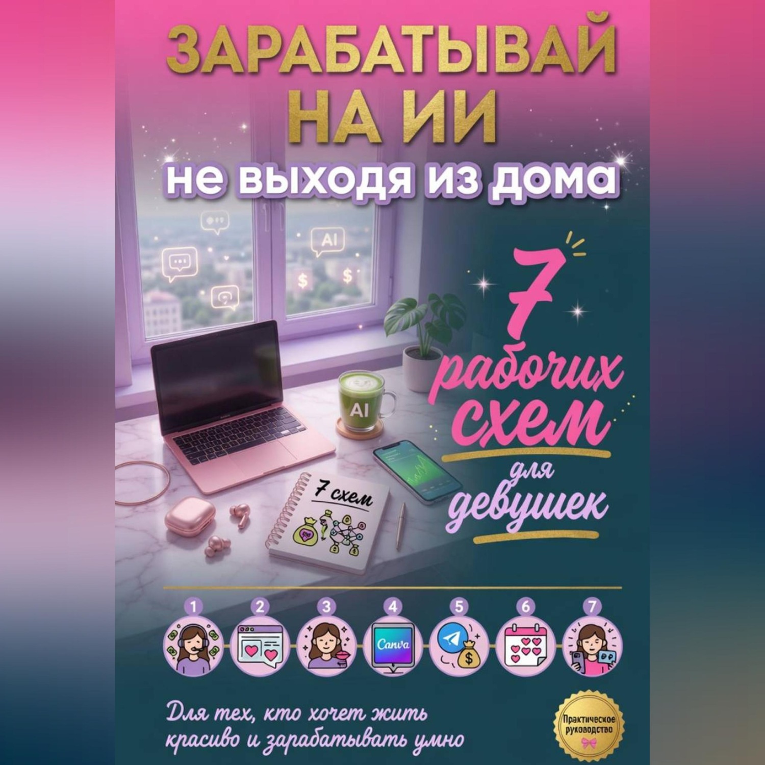 Обложка книги «Зарабатывай на ИИ, не выходя из дома. 7 рабочих схем для девушек»