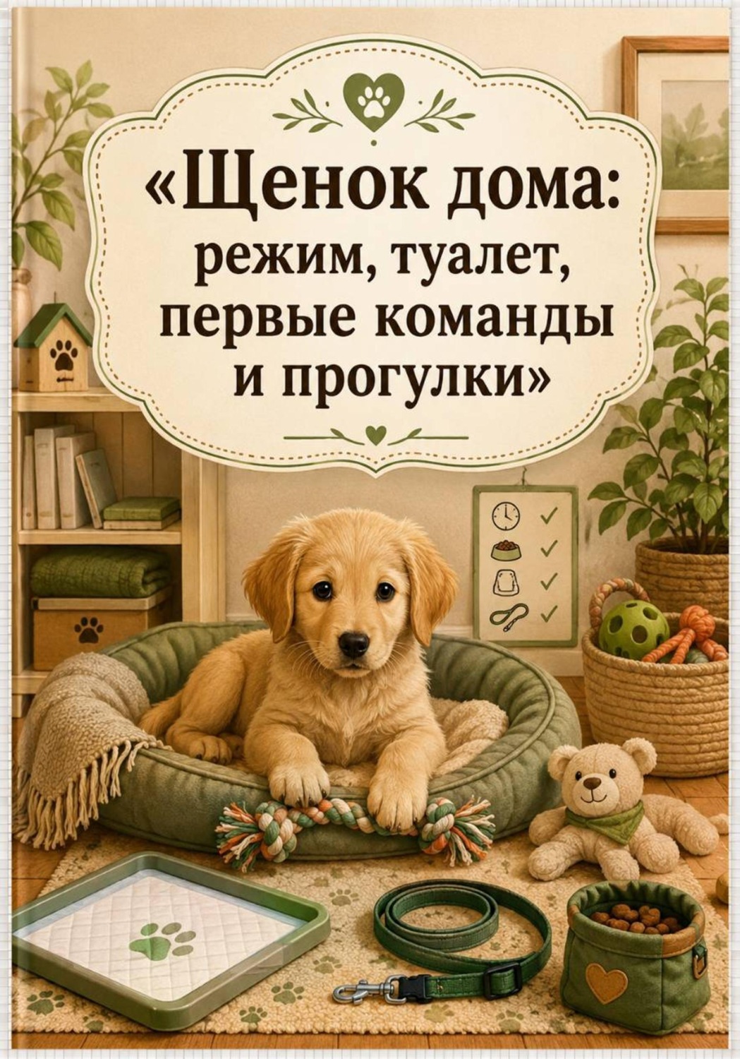 Обложка книги «Щенок дома: режим, туалет, первые команды и прогулки»