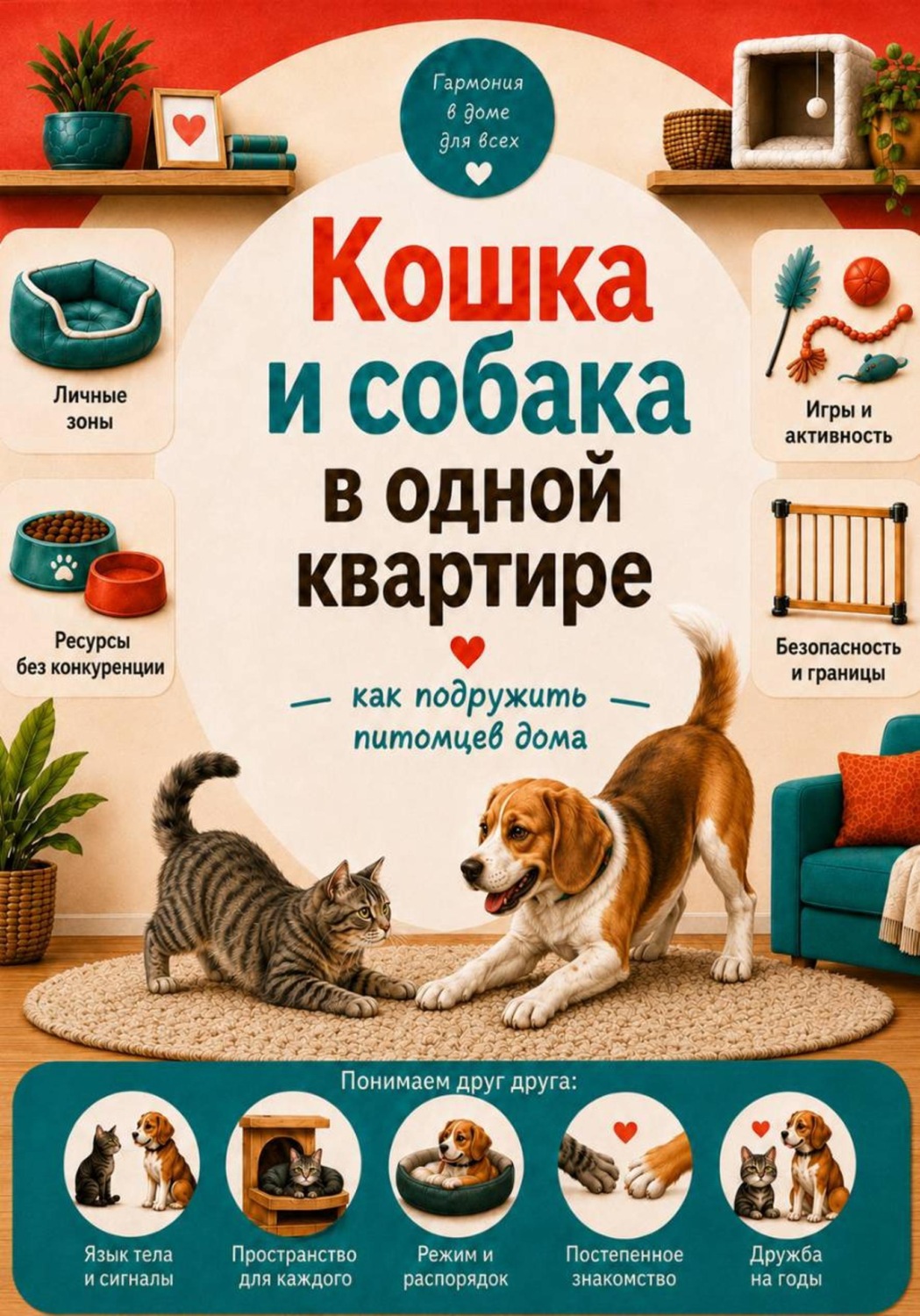 Обложка книги «Кошка и собака в одной квартире: как подружить питомцев дома»