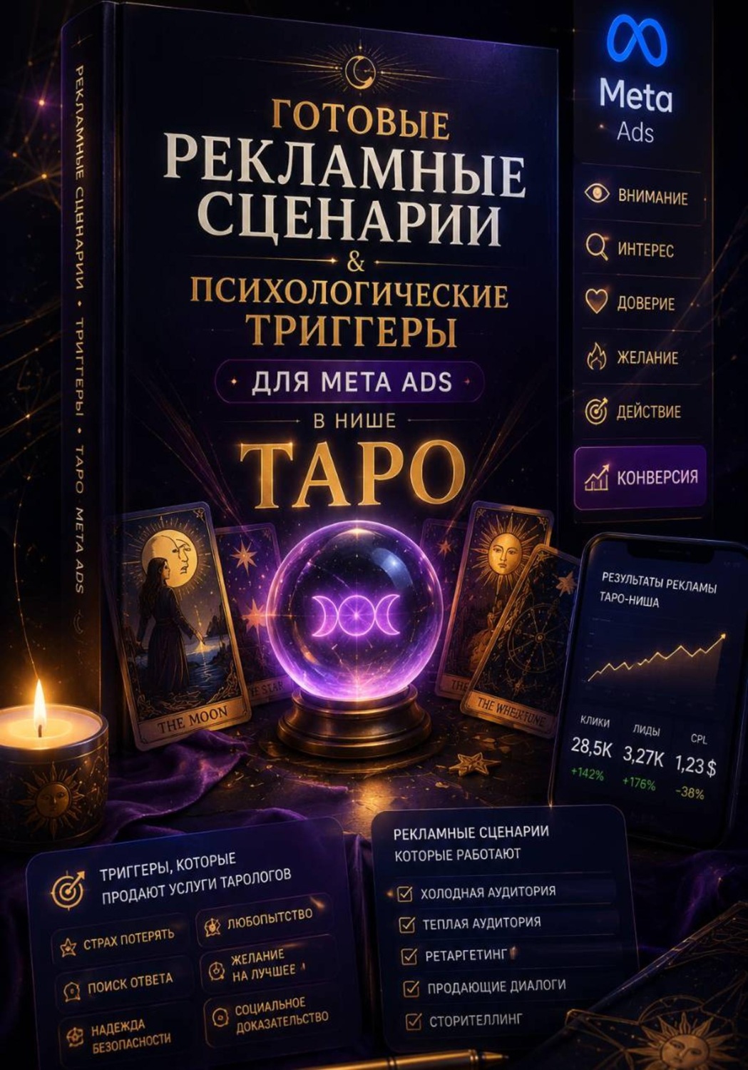 Обложка книги «Готовые рекламные сценарии и психологические триггеры для РК в нише ТАРО»