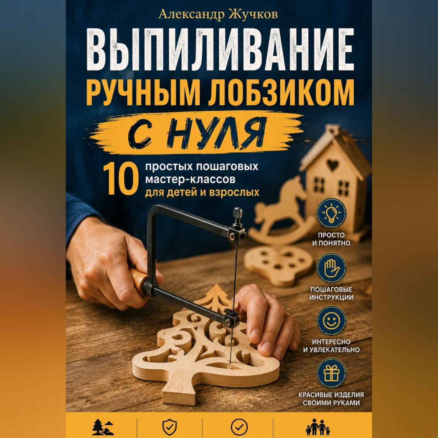 Обложка книги «Выпиливание ручным лобзиком с нуля. 10 простых пошаговых мастер-классов для детей и взрослых.»