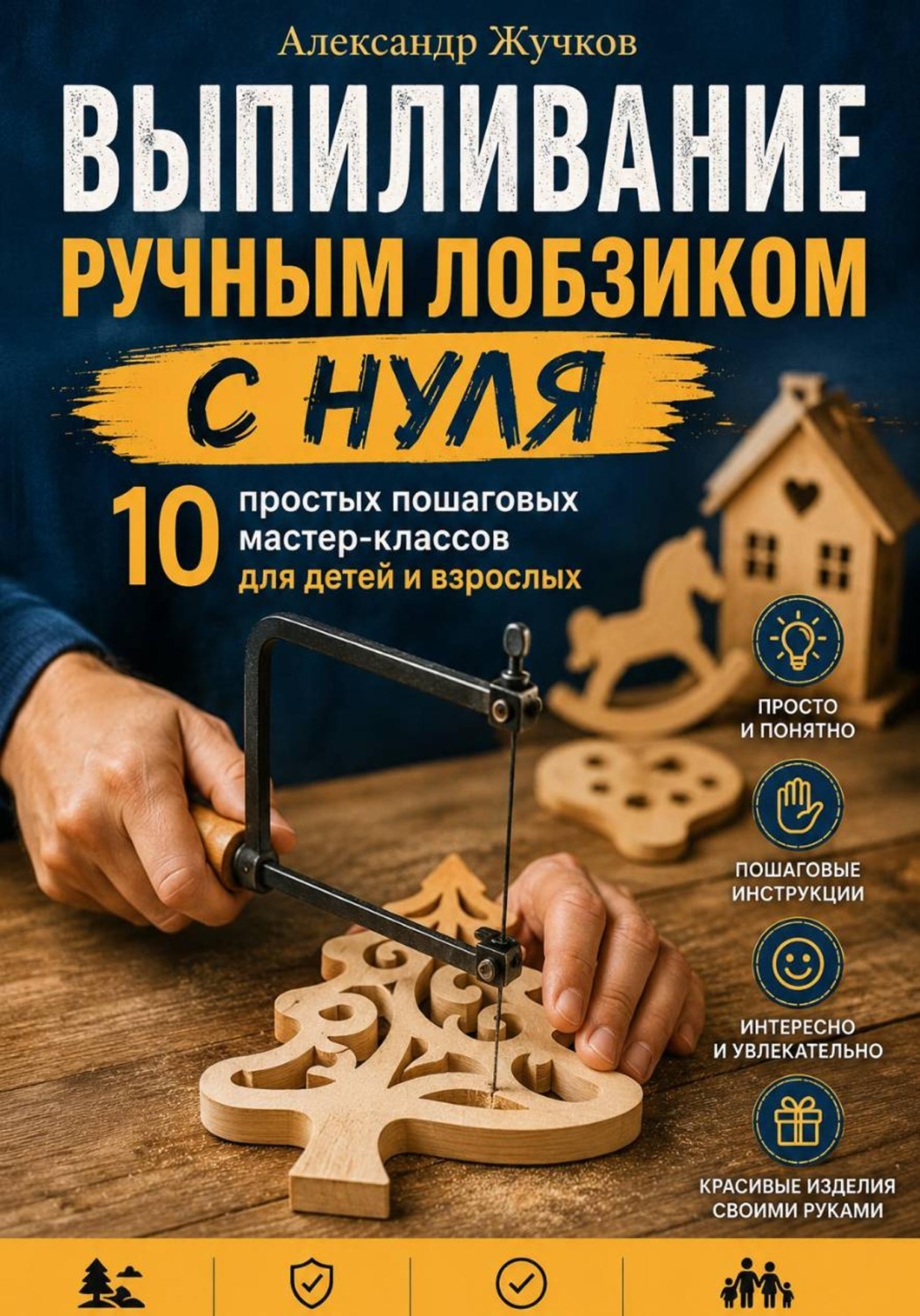 Обложка книги «Выпиливание ручным лобзиком с нуля. 10 простых пошаговых мастер-классов для детей и взрослых»