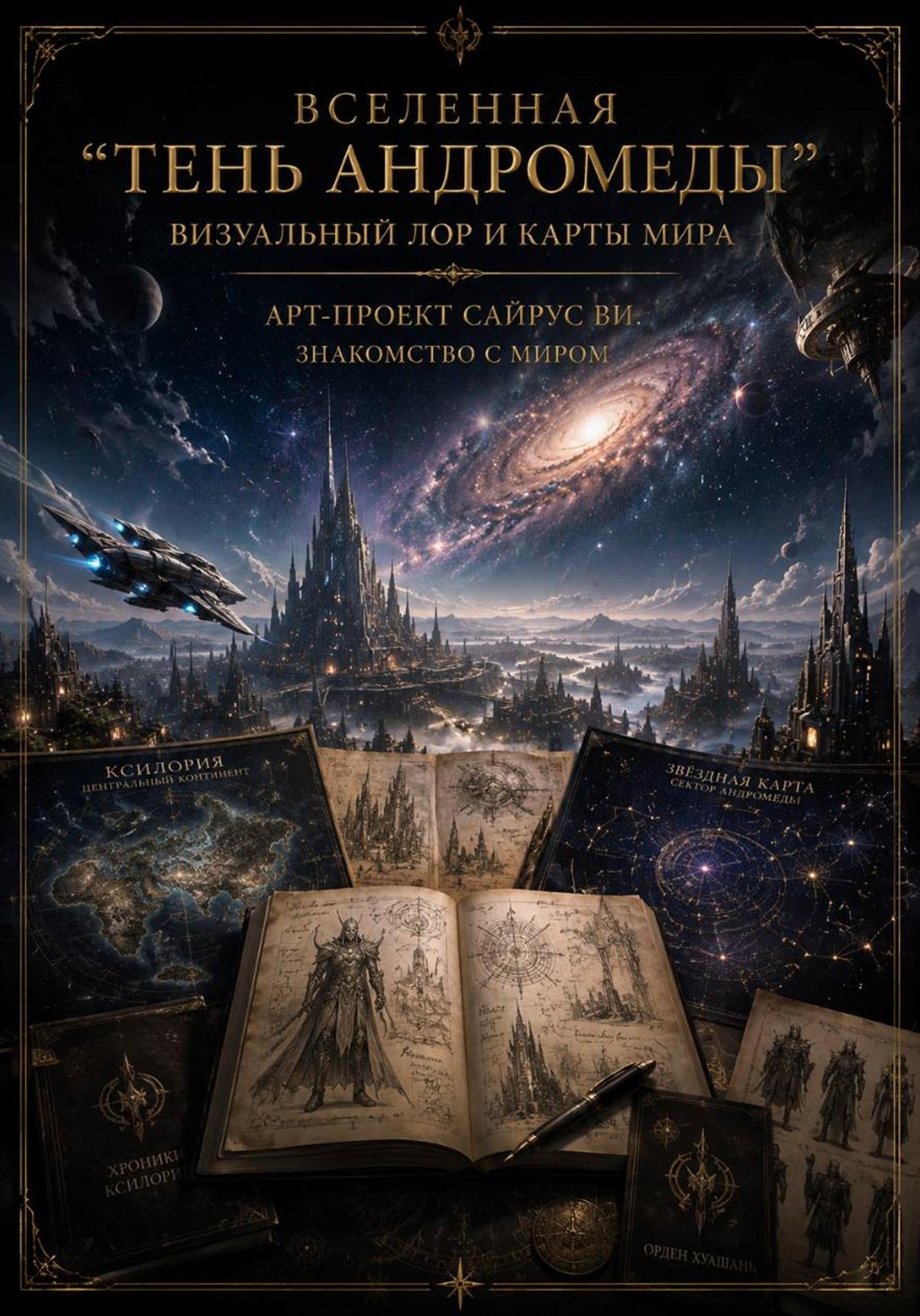 Обложка книги ««Вселенная "Тень Андромеды". Визуальный лор и карты мира». «Арт-проект Сайрус Ви. Знакомство с миром»»