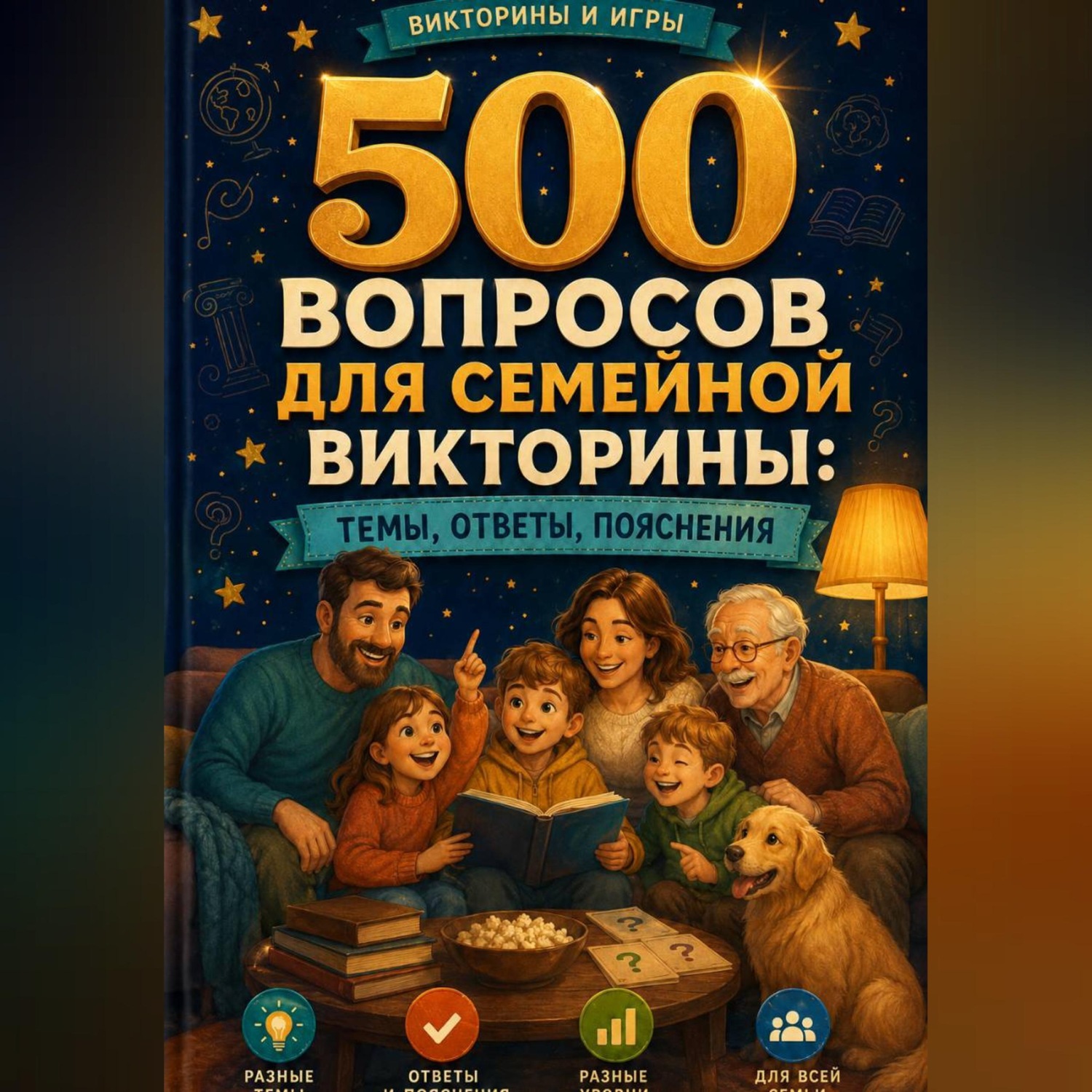 Обложка книги «500 вопросов для семейной викторины: темы, ответы, пояснения»