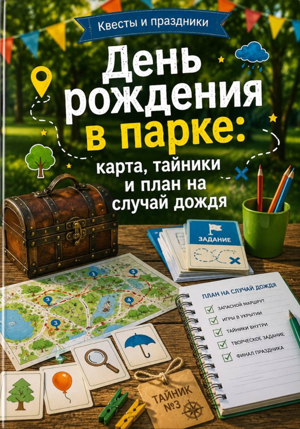 Обложка книги «День рождения в парке: карта, тайники и план на случай дождя»