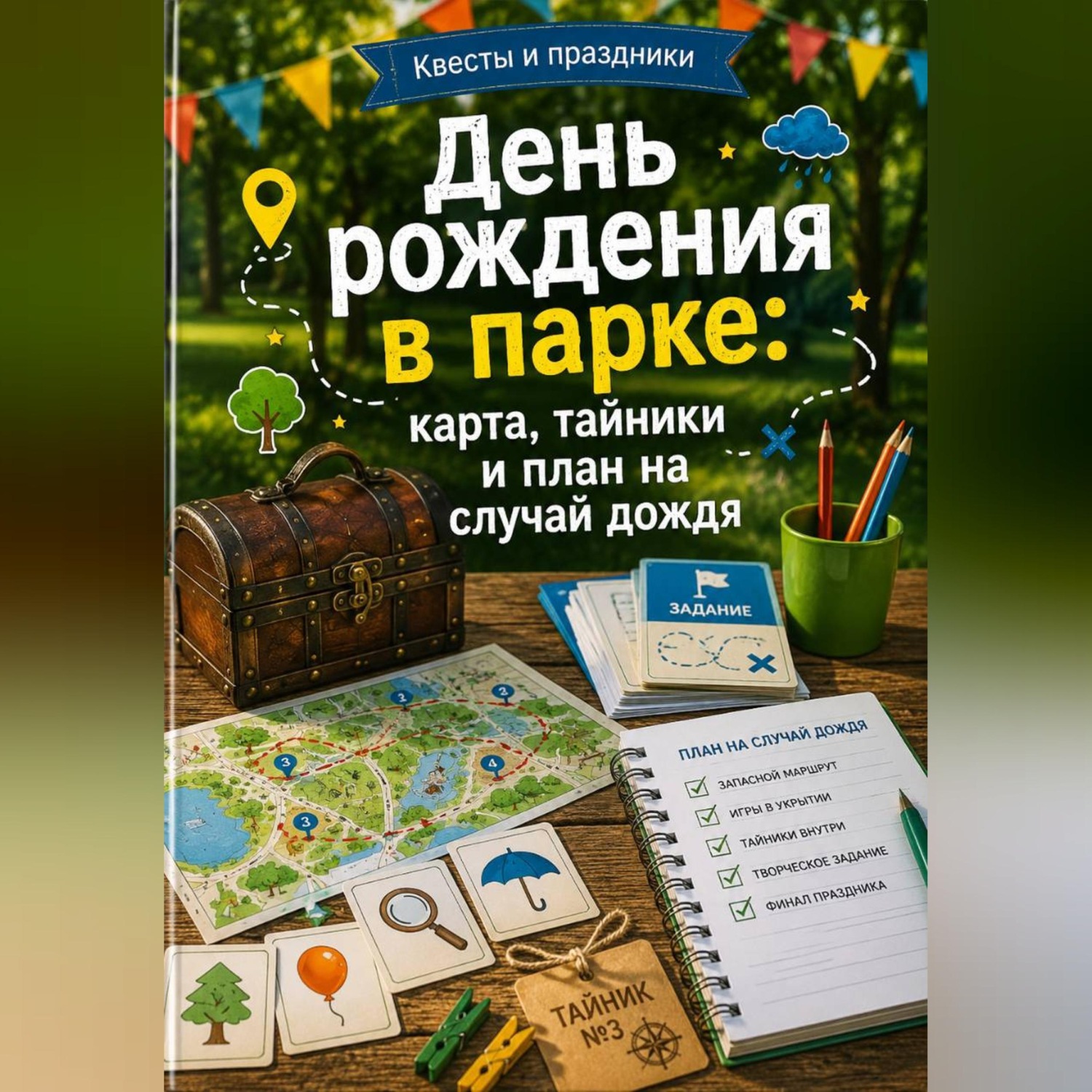 Обложка книги «День рождения в парке: карта, тайники и план на случай дождя»