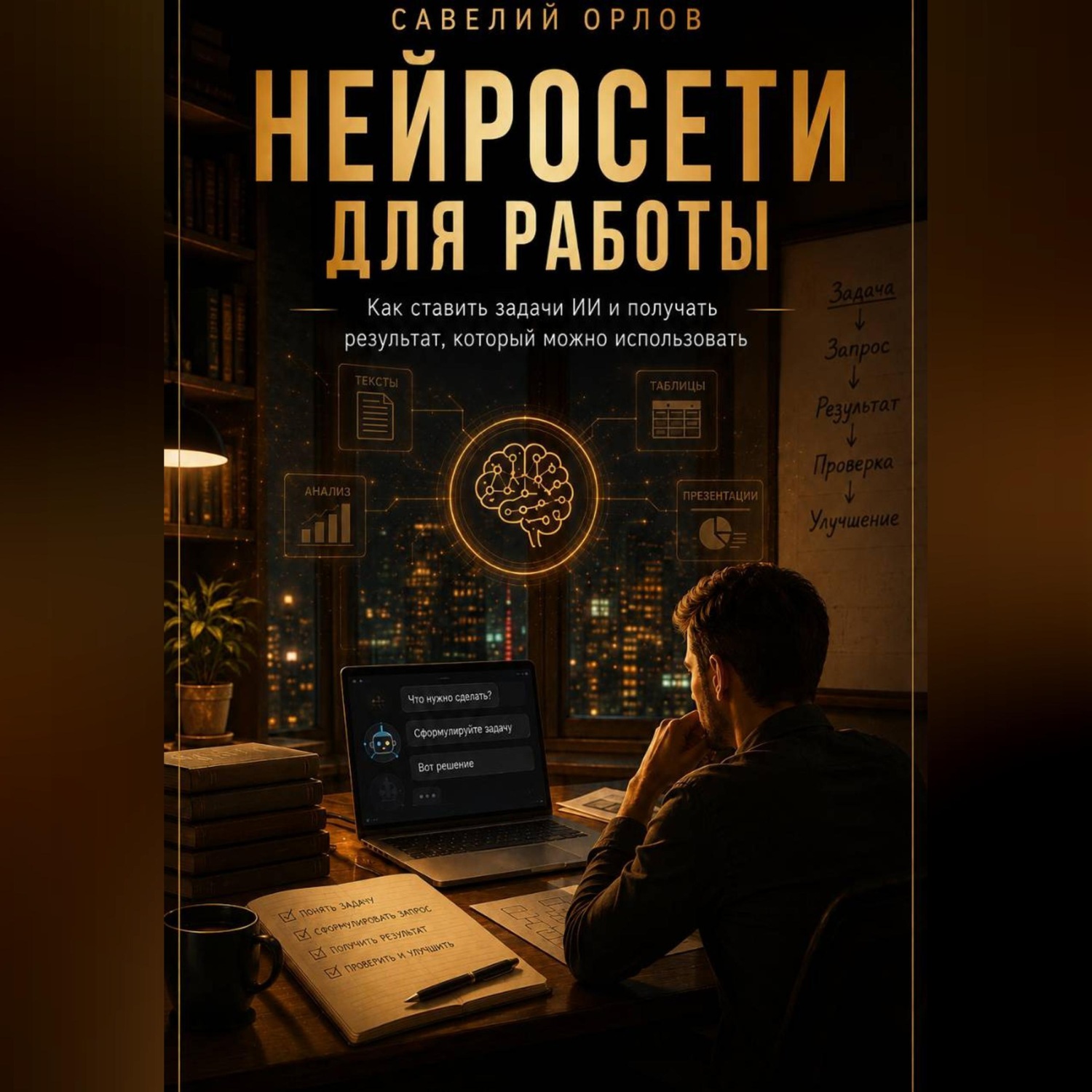 Обложка книги «Нейросети для работы. Как ставить задачи ИИ и получать результат, который можно использовать.»