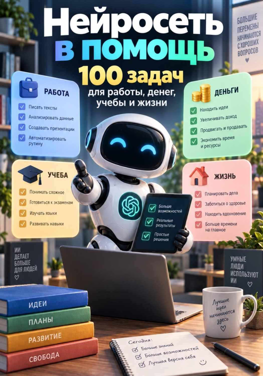 Обложка книги «Нейросеть в помощь: 100 задач для работы, денег, учебы и жизни»