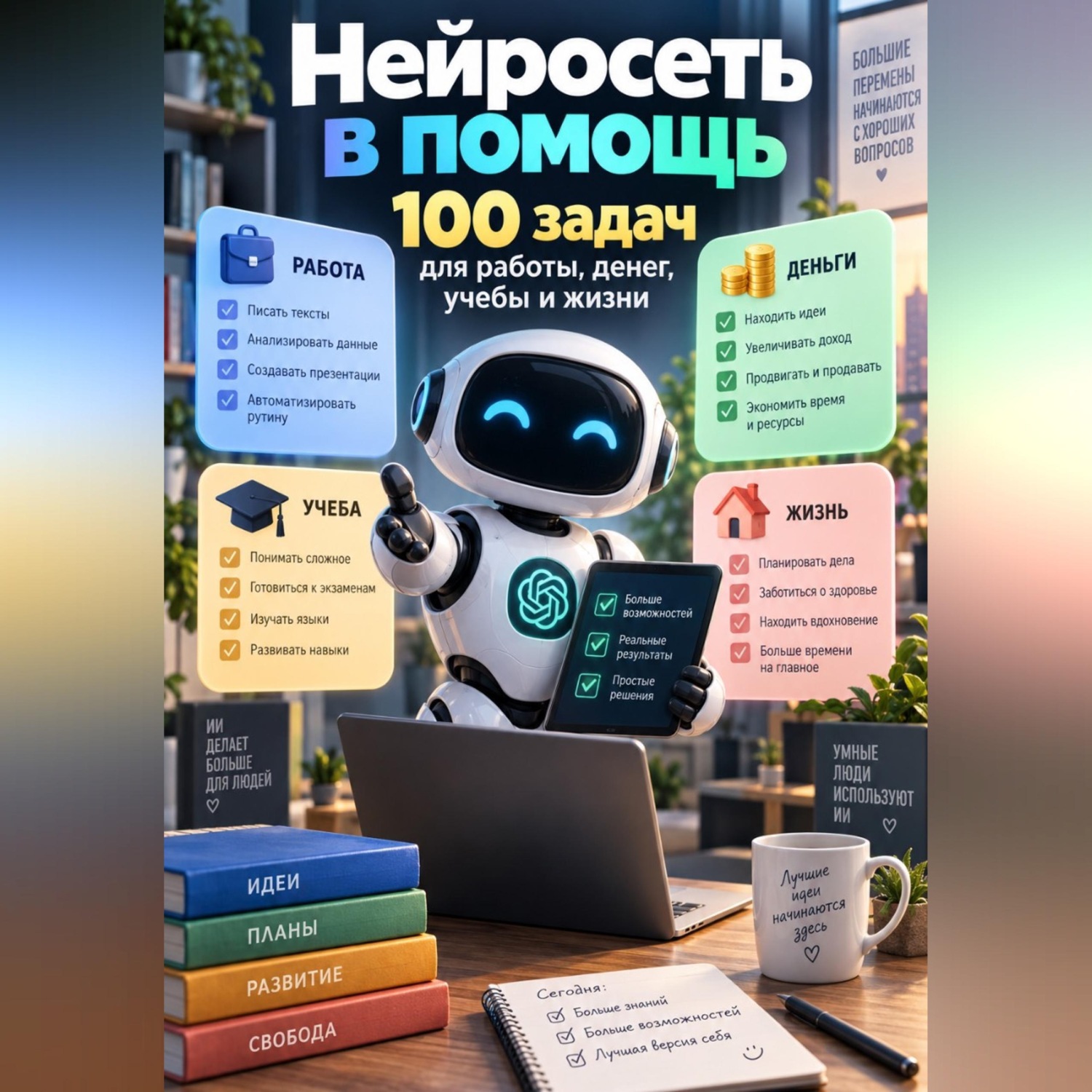 Обложка книги «Нейросеть в помощь: 100 задач для работы, денег, учебы и жизни»