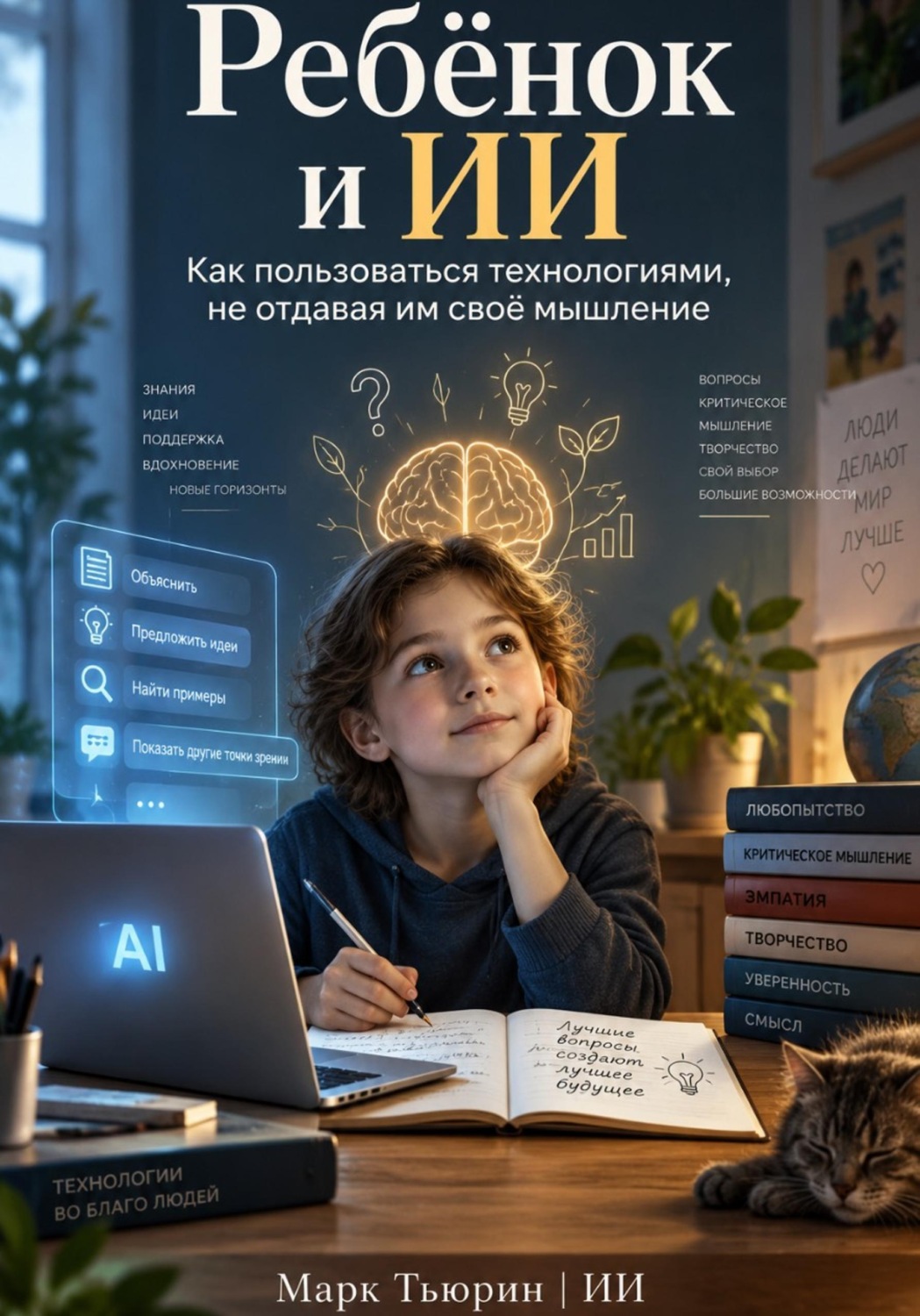 Обложка книги «Ребёнок и ИИ: Как пользоваться технологиями, не отдавая им своё мышление»