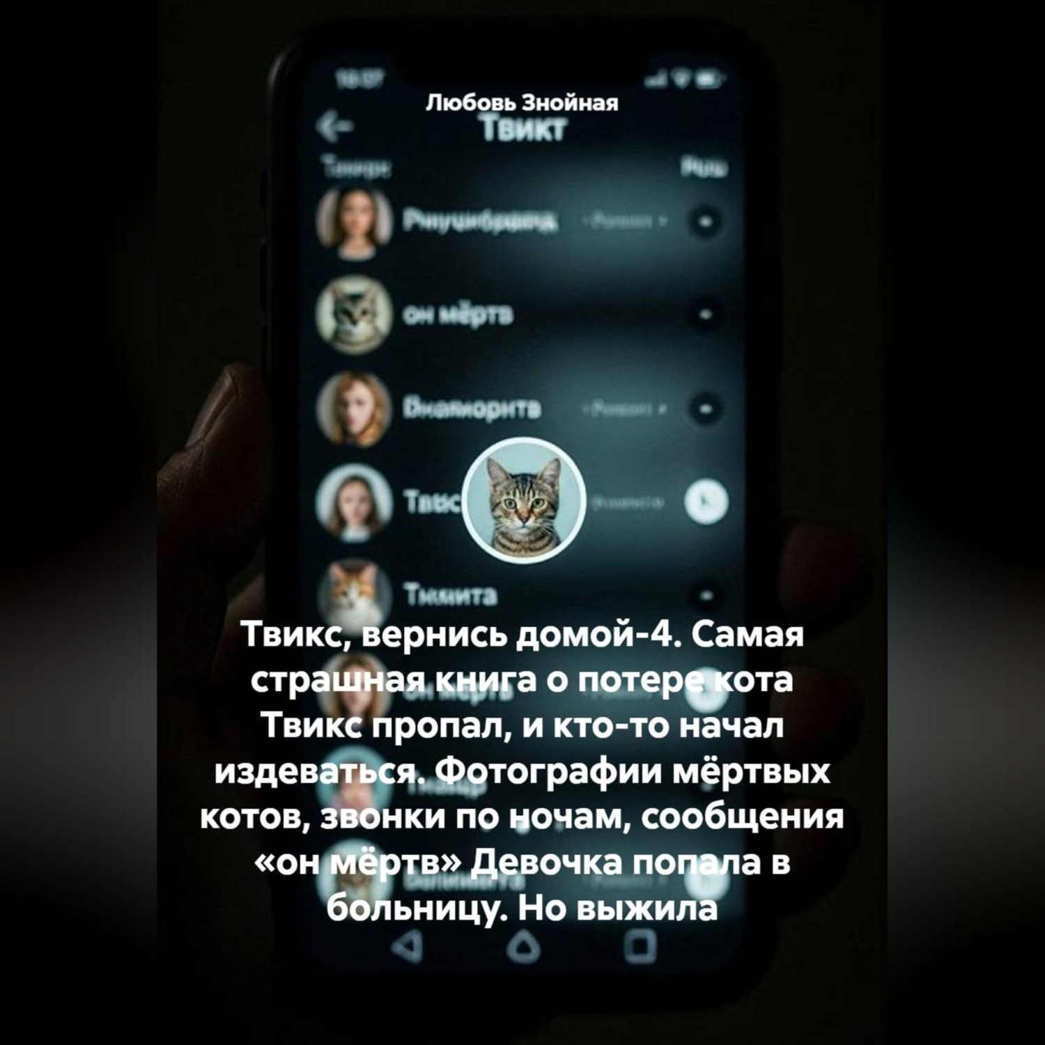 Обложка книги «Твикс, вернись домой-4. Самая страшная книга о потере кота Твикс пропал, и кто-то начал издеваться. Фотографии мёртвых котов, звонки по ночам, сообщения «он мёртв» Девочка попала в больницу. Но выжила»