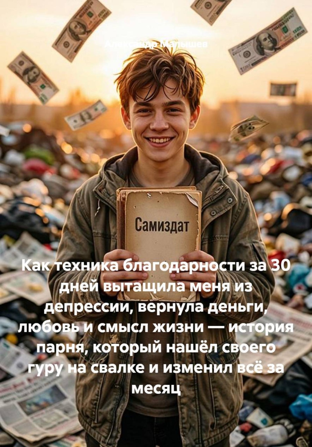 Обложка книги «Как техника благодарности за 30 дней вытащила меня из депрессии, вернула деньги, любовь и смысл жизни — история парня, который нашёл своего гуру на свалке и изменил всё за месяц»